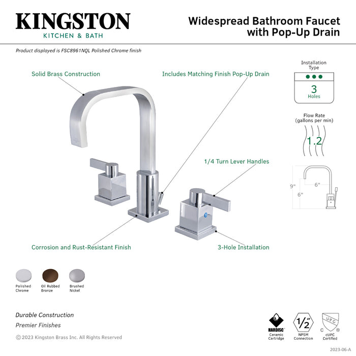 Meridian FSC8961NQL Two-Handle 3-Hole Deck Mount Widespread Bathroom Faucet with Retail Pop-Up Drain, Polished Chrome