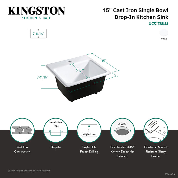 Towne GCKTS15158 15-Inch Cast Iron Self-Rimming 1-Hole Single Bowl Drop-In Kitchen Sink, White