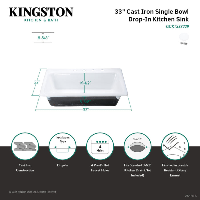 Towne GCKTS33229 33-Inch Cast Iron Self-Rimming 4-Hole Single Bowl Drop-In Kitchen Sink, White