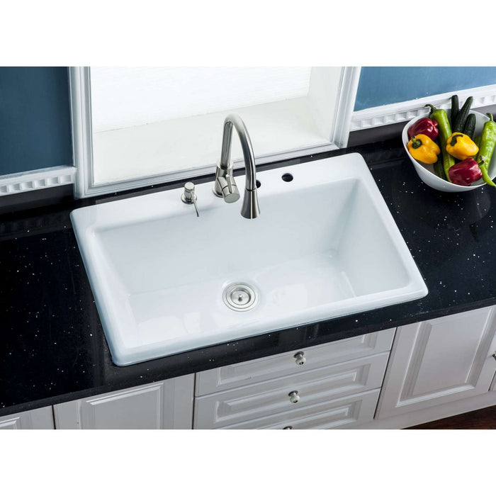 Towne GCKTS33229 33-Inch Cast Iron Self-Rimming 4-Hole Single Bowl Drop-In Kitchen Sink, White