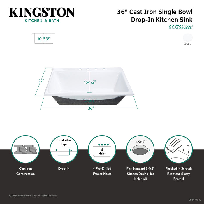 Towne GCKTS362211 36-Inch Cast Iron Self-Rimming 4-Hole Single Bowl Drop-In Kitchen Sink, White