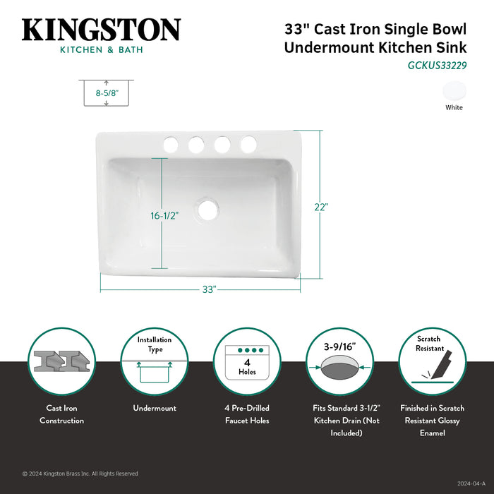 Towne GCKUS33229 33-Inch Cast Iron Undermount 4-Hole Single Bowl Kitchen Sink, White