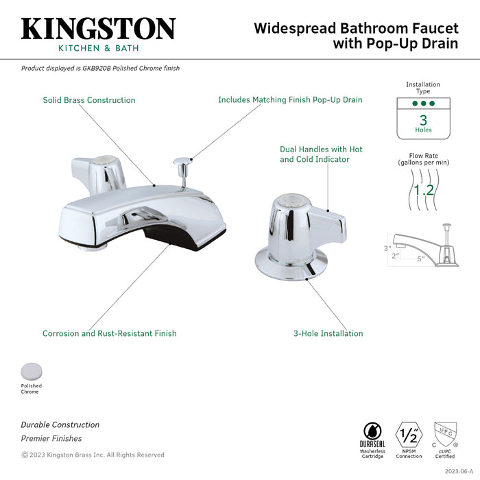 Americana GKB920B Two-Handle 3-Hole Deck Mount Widespread Bathroom Faucet with Retail Pop-Up Drain, Polished Chrome