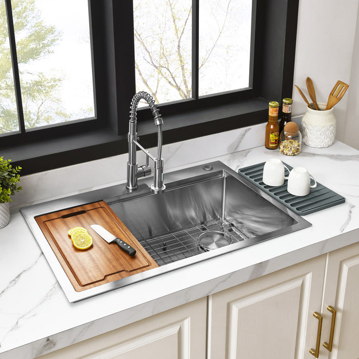 Uptowne GKDS302292 30-Inch Single Bowl Dual Mount Kitchen Sink with Drain, Brushed