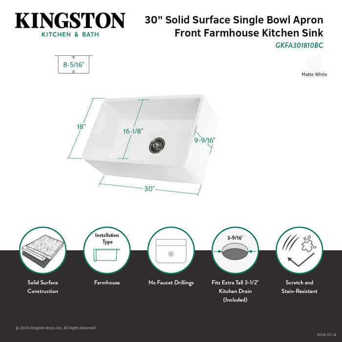 Arcticstone GKFA301810BC 30-Inch Solid Surface White Stone Apron-Front Single Bowl Farmhouse Kitchen Sink, Matte White