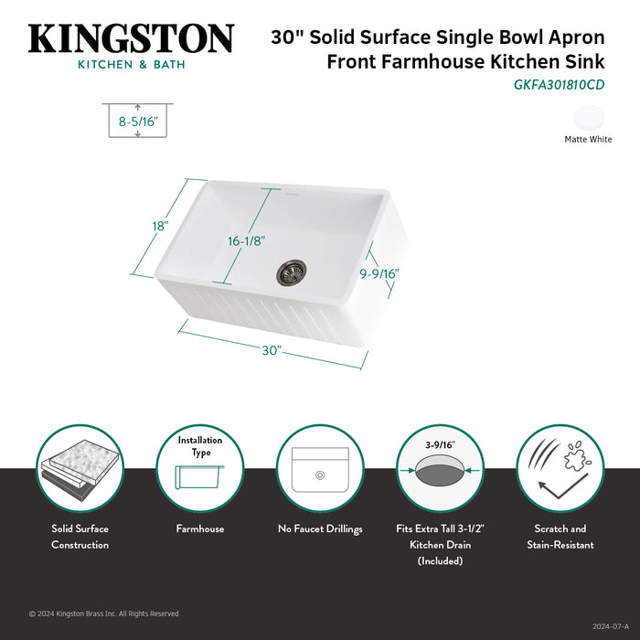 Arcticstone GKFA301810CD 30-Inch Solid Surface White Stone Apron-Front Single Bowl Farmhouse Kitchen Sink, Matte White