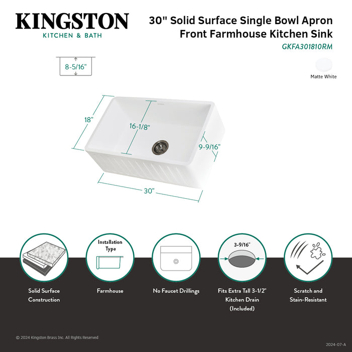 Arcticstone GKFA301810RM 30-Inch Solid Surface White Stone Apron-Front Single Bowl Farmhouse Kitchen Sink, Matte White