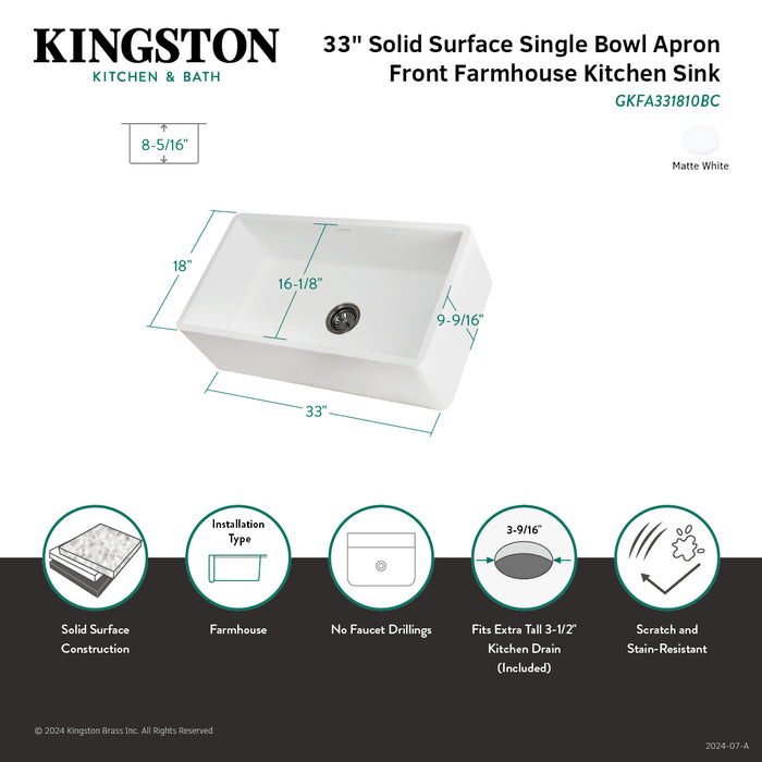 Arcticstone GKFA331810BC 33-Inch Solid Surface White Stone Apron-Front Single Bowl Farmhouse Kitchen Sink, Matte White