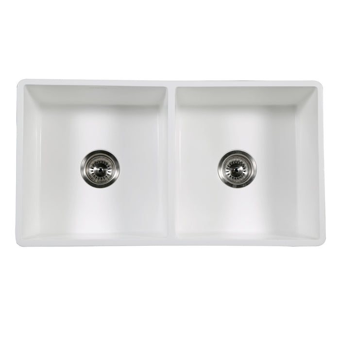 Arcticstone GKFA331810BCD 33-Inch Solid Surface White Stone Apron-Front Double Bowl Farmhouse Kitchen Sink, Matte White