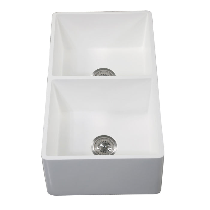 Arcticstone GKFA331810BCD 33-Inch Solid Surface White Stone Apron-Front Double Bowl Farmhouse Kitchen Sink, Matte White