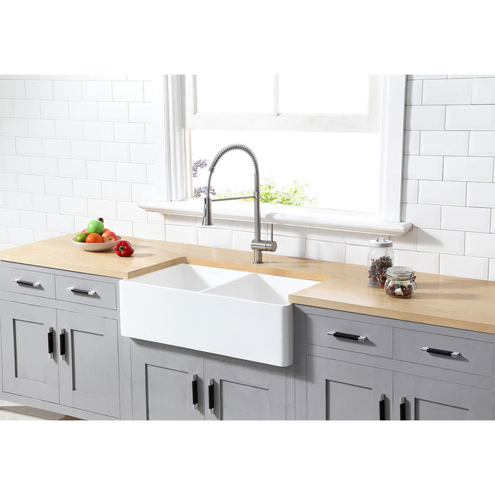 Arcticstone GKFA331810BCD 33-Inch Solid Surface White Stone Apron-Front Double Bowl Farmhouse Kitchen Sink, Matte White