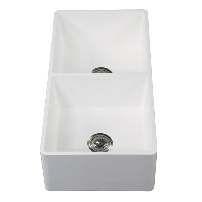 Arcticstone GKFA361810BCD 36-Inch Solid Surface White Stone Apron-Front Double Bowl Farmhouse Kitchen Sink, Matte White