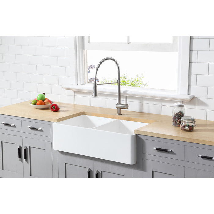 Arcticstone GKFA361810BCD 36-Inch Solid Surface White Stone Apron-Front Double Bowl Farmhouse Kitchen Sink, Matte White