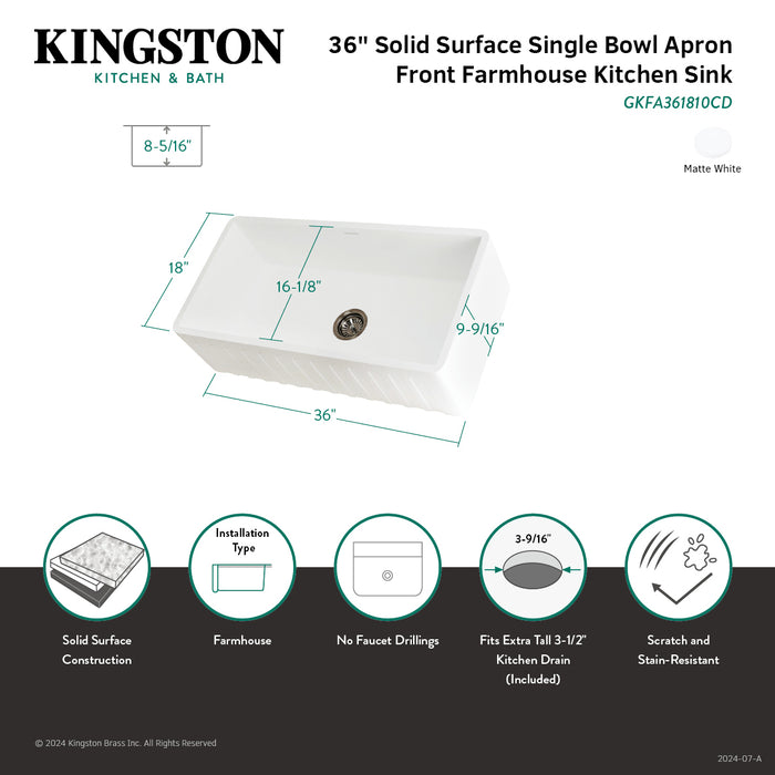 Arcticstone GKFA361810CD 36-Inch Solid Surface White Stone Apron-Front Single Bowl Farmhouse Kitchen Sink, Matte White