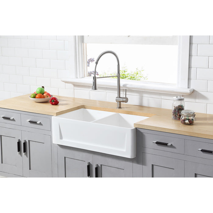 Arcticstone GKFA361810SQD 36-Inch Solid Surface White Stone Apron-Front Double Bowl Farmhouse Kitchen Sink, Matte White