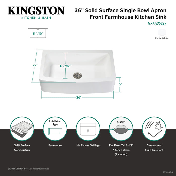 Arcticstone GKFA36229 36-Inch Solid Surface White Stone Apron-Front Single Bowl Farmhouse Kitchen Sink, Matte White