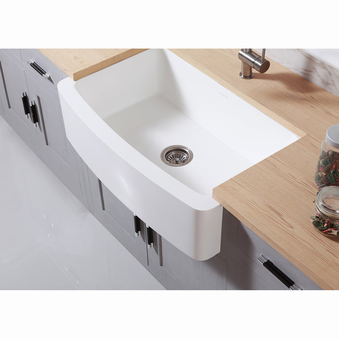 Arcticstone GKFA36229 36-Inch Solid Surface White Stone Apron-Front Single Bowl Farmhouse Kitchen Sink, Matte White