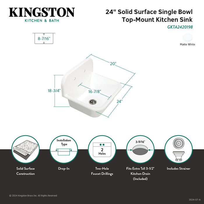 Arcticstone GKTA2420198 24-Inch Solid Surface White Stone 2-Hole Single Bowl Top-Mount Kitchen Sink, Matte White