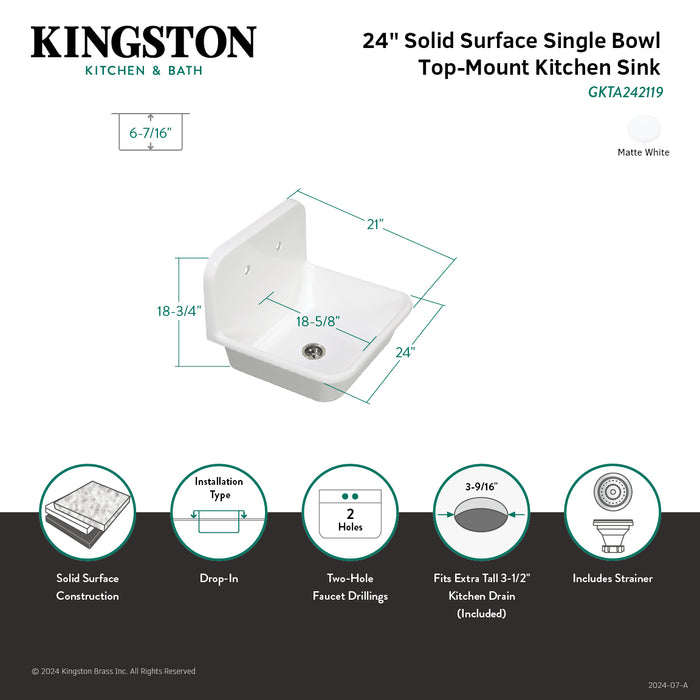 Arcticstone GKTA242119 24-Inch Solid Surface White Stone Apron-Front 2-Hole Single Bowl Top-Mount Kitchen Sink, Matte White