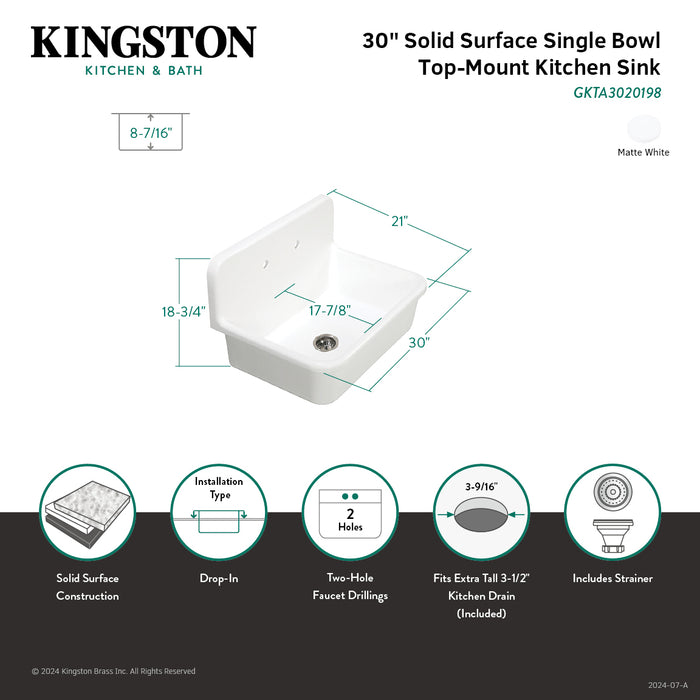 Arcticstone GKTA3020198 30-Inch Solid Surface White Stone 2-Hole Single Bowl Top-Mount Kitchen Sink, Matte White