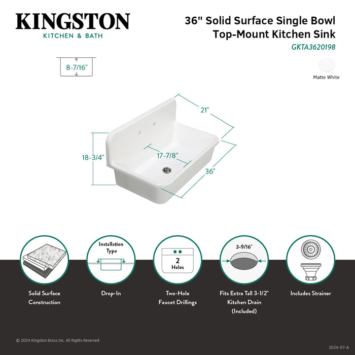 Arcticstone GKTA3620198 36-Inch Solid Surface White Stone 2-Hole Single Bowl Top-Mount Kitchen Sink, Matte White