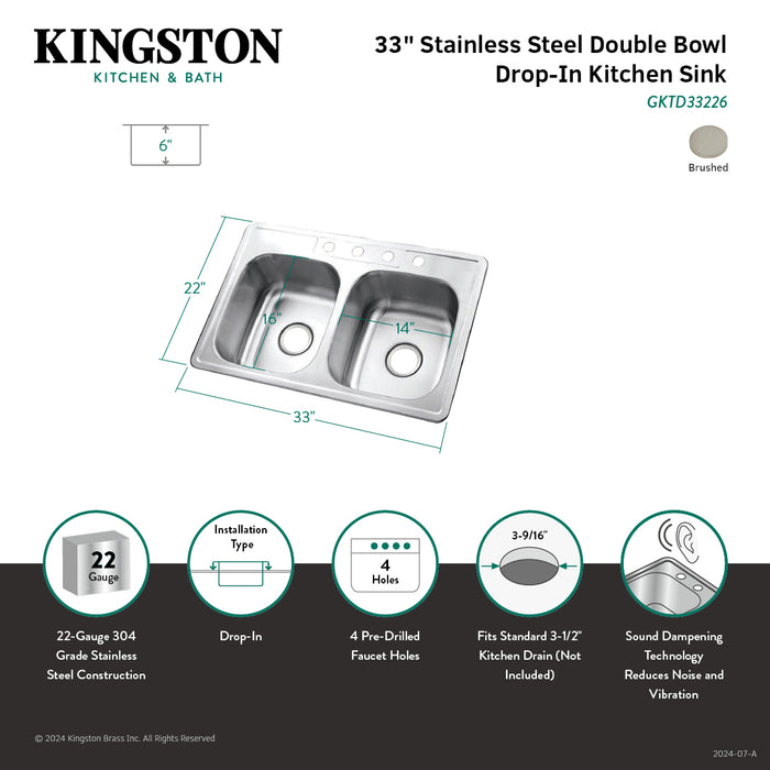 Studio GKTD33226 33-Inch Stainless Steel Self-Rimming 4-Hole Double Bowl Drop-In Kitchen Sink, Brushed