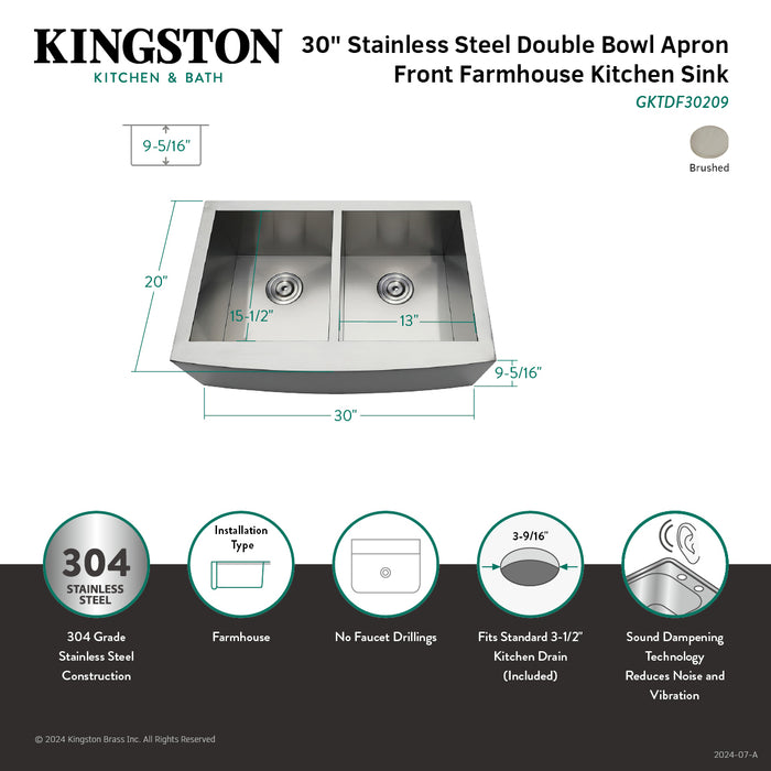 Uptowne GKTDF30209 30-Inch Stainless Steel Apron-Front Double Bowl Farmhouse Kitchen Sink, Brushed