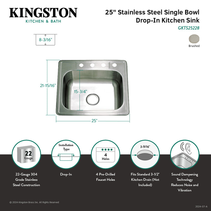 Studio GKTS25228 25-Inch Stainless Steel Self-Rimming 4-Hole Single Bowl Drop-In Kitchen Sink, Brushed