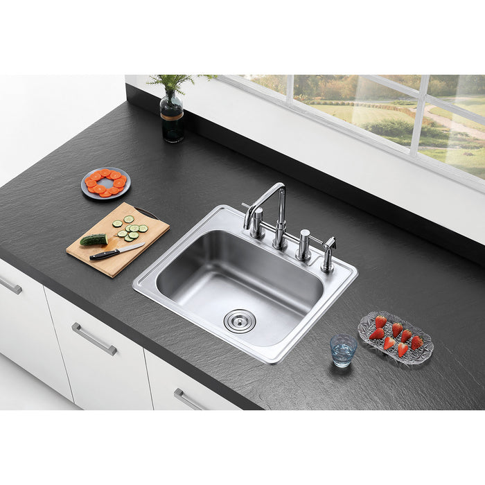 Studio GKTS25228 25-Inch Stainless Steel Self-Rimming 4-Hole Single Bowl Drop-In Kitchen Sink, Brushed