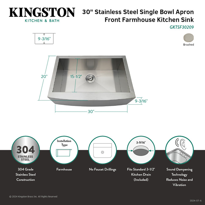 Uptowne GKTSF30209 30-Inch Stainless Steel Apron-Front Single Bowl Farmhouse Kitchen Sink, Brushed