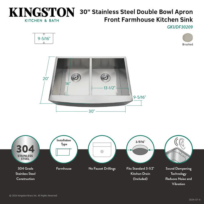 Uptowne GKUDF30209 30-Inch Stainless Steel Apron-Front Double Bowl Farmhouse Kitchen Sink, Brushed