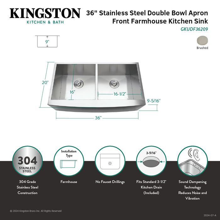 Uptowne GKUDF36209 36-Inch Stainless Steel Apron-Front Double Bowl Farmhouse Kitchen Sink, Brushed