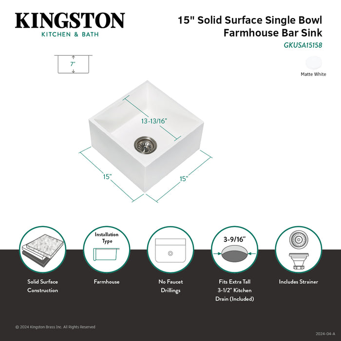 Arcticstone GKUSA15158 15-Inch Solid Surface White Stone Undermount Single Bowl Farmhouse Bar Sink, Matte White