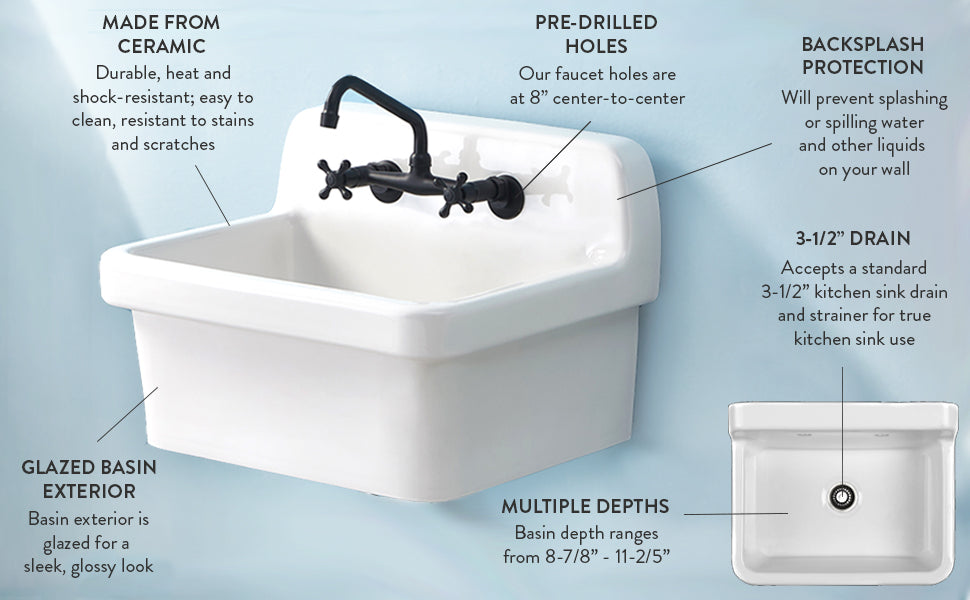 Doriteal GPKWS241917 24-Inch Ceramic Wall Mount Utility Sink, Glossy White