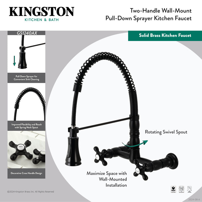 Heritage GS1240AX Double-Handle 2-Hole Wall-Mount Pre-Rinse Bridge Kitchen Faucet, Matte Black