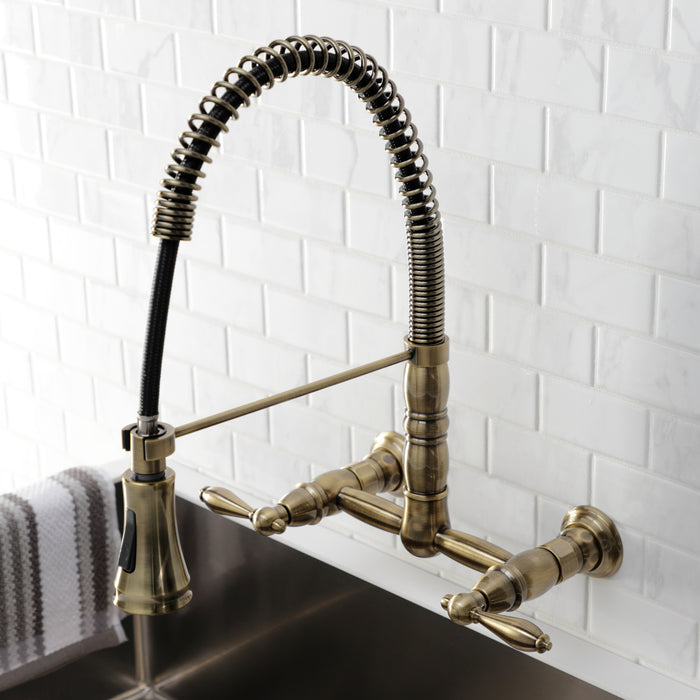 Heritage GS1243AL Double-Handle 2-Hole Wall-Mount Pre-Rinse Bridge Kitchen Faucet, Antique Brass