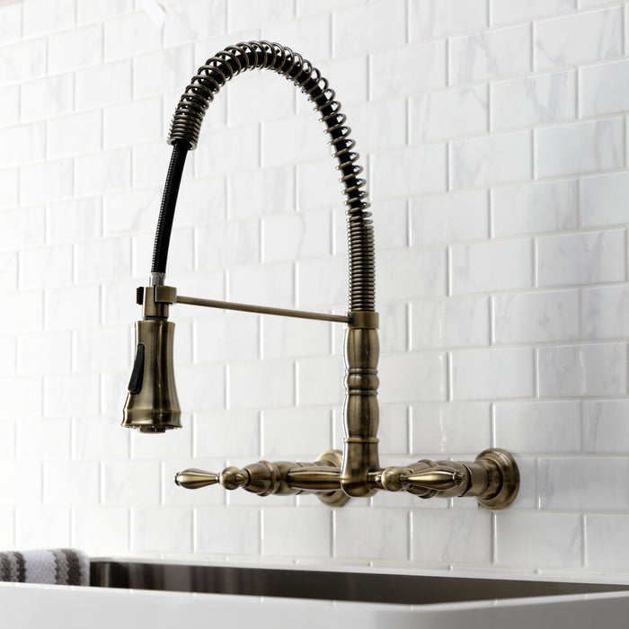 Heritage GS1243AL Double-Handle 2-Hole Wall-Mount Pre-Rinse Bridge Kitchen Faucet, Antique Brass