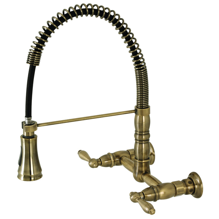 Heritage GS1243AL Double-Handle 2-Hole Wall-Mount Pre-Rinse Bridge Kitchen Faucet, Antique Brass