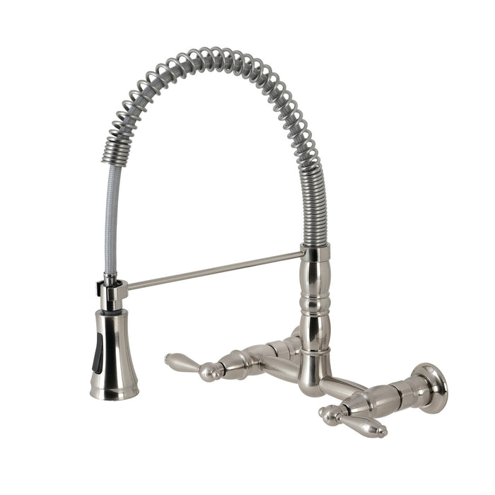 Heritage GS1248AL Double-Handle 2-Hole Wall-Mount Pre-Rinse Bridge Kitchen Faucet, Brushed Nickel