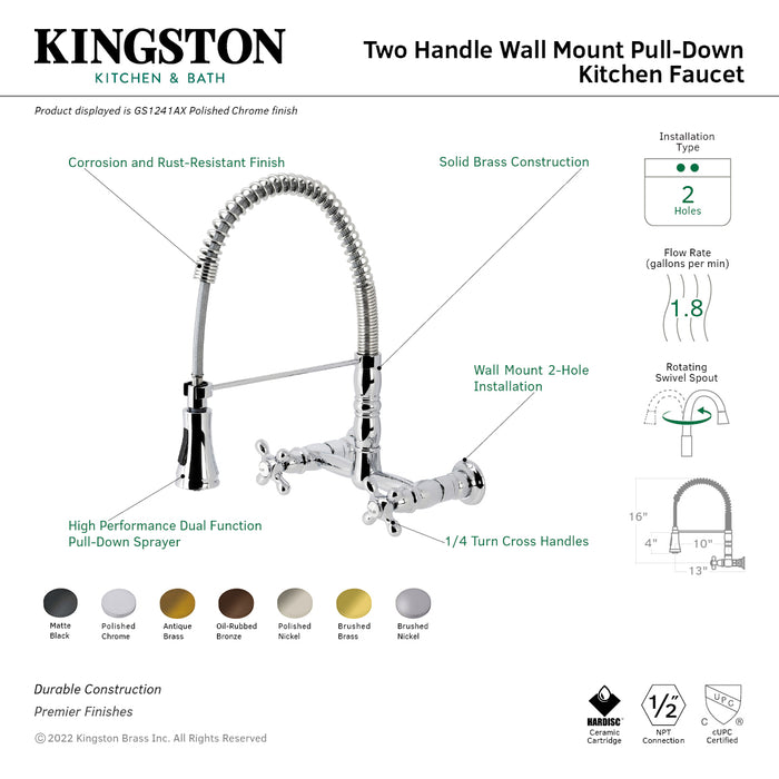 Heritage GS1248AX Double-Handle 2-Hole Wall-Mount Pre-Rinse Bridge Kitchen Faucet, Brushed Nickel