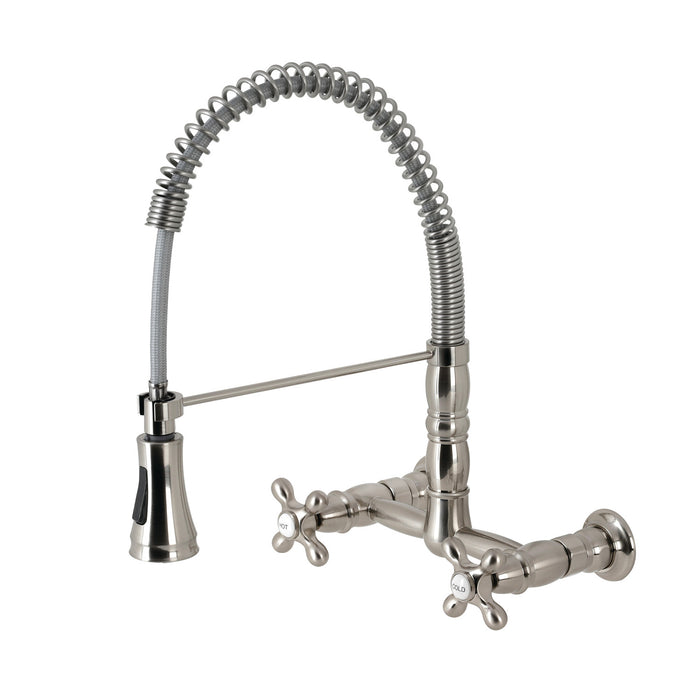 Heritage GS1248AX Double-Handle 2-Hole Wall-Mount Pre-Rinse Bridge Kitchen Faucet, Brushed Nickel