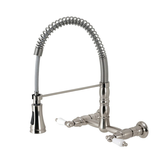 Heritage GS1248PL Double-Handle 2-Hole Wall-Mount Pre-Rinse Bridge Kitchen Faucet, Brushed Nickel