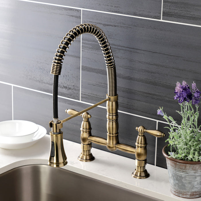 Heritage GS1273AL Double-Handle 2-Hole Deck-Mount Pre-Rinse Bridge Kitchen Faucet, Antique Brass