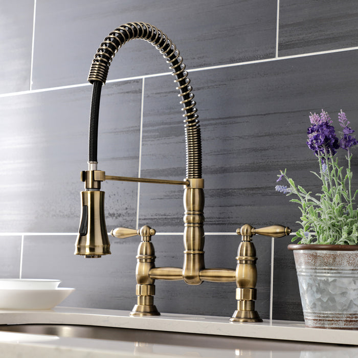 Heritage GS1273AL Double-Handle 2-Hole Deck-Mount Pre-Rinse Bridge Kitchen Faucet, Antique Brass