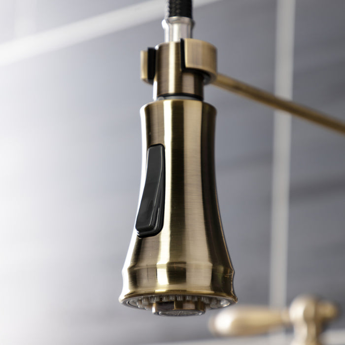 Heritage GS1273AL Double-Handle 2-Hole Deck-Mount Pre-Rinse Bridge Kitchen Faucet, Antique Brass