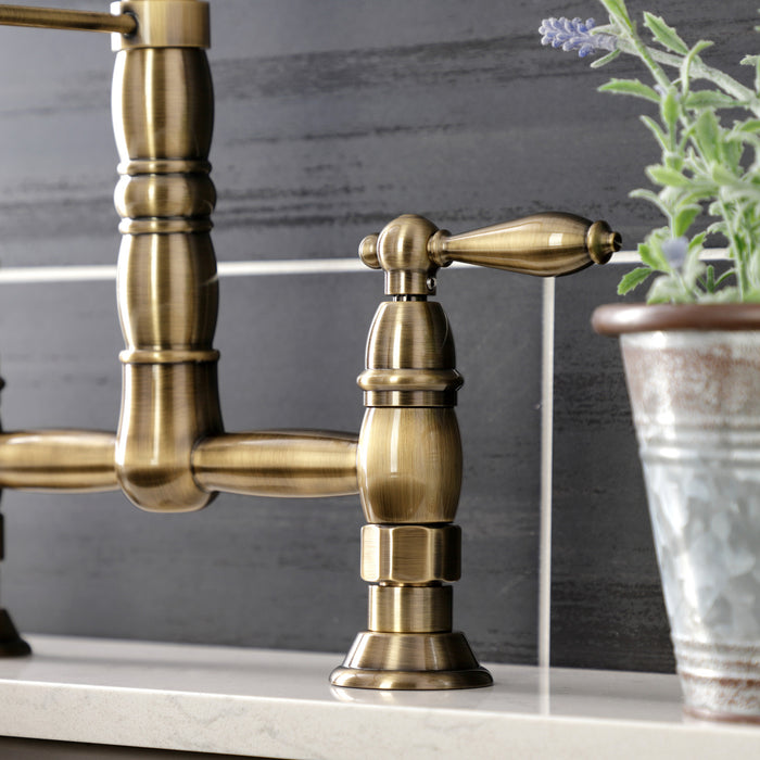 Heritage GS1273AL Double-Handle 2-Hole Deck-Mount Pre-Rinse Bridge Kitchen Faucet, Antique Brass