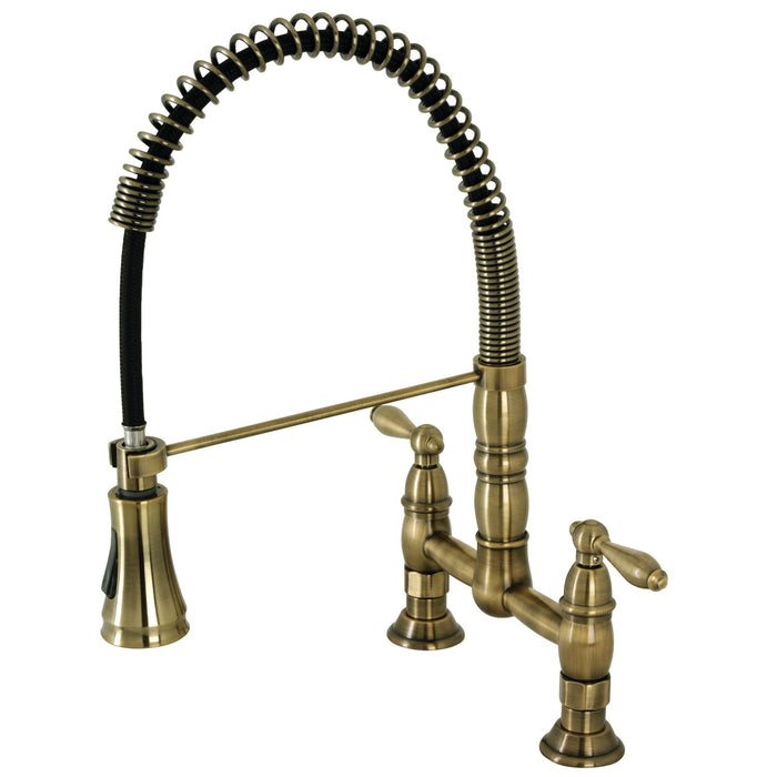 Heritage GS1273AL Double-Handle 2-Hole Deck-Mount Pre-Rinse Bridge Kitchen Faucet, Antique Brass