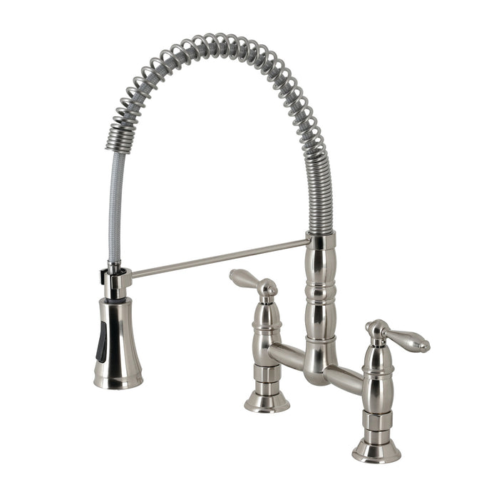 Heritage GS1278AL Double-Handle 2-Hole Deck-Mount Pre-Rinse Bridge Kitchen Faucet, Brushed Nickel