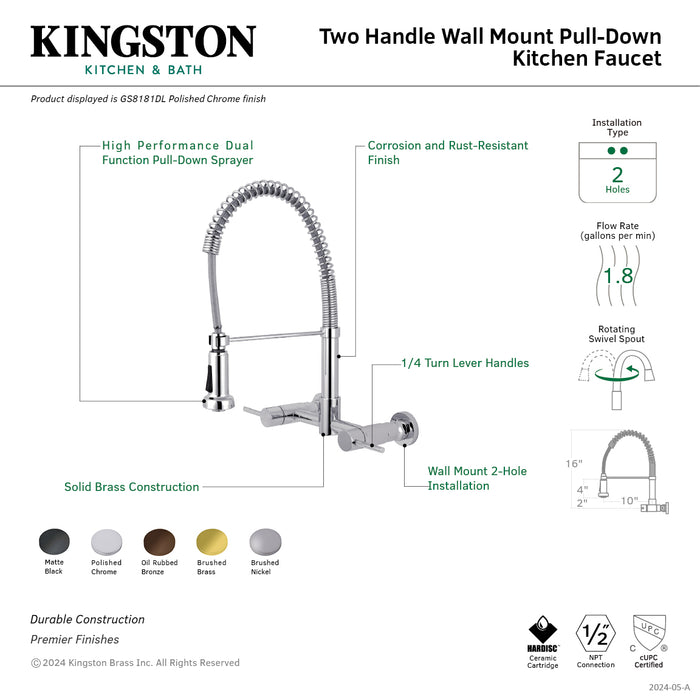 Concord GS8180DL Two-Handle 2-Hole Wall Mount Pull-Down Sprayer Kitchen Faucet, Matte Black