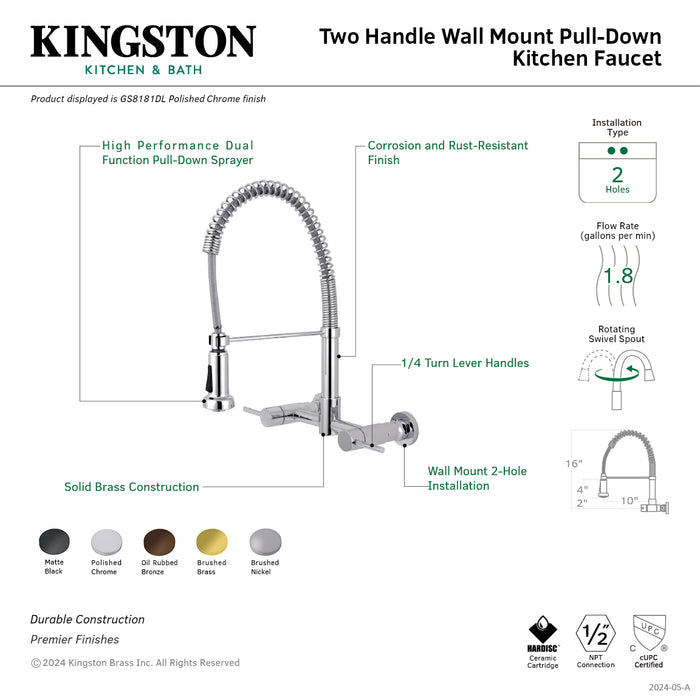 Concord GS8188DL Double-Handle 2-Hole Wall-Mount Pre-Rinse Bridge Kitchen Faucet, Brushed Nickel